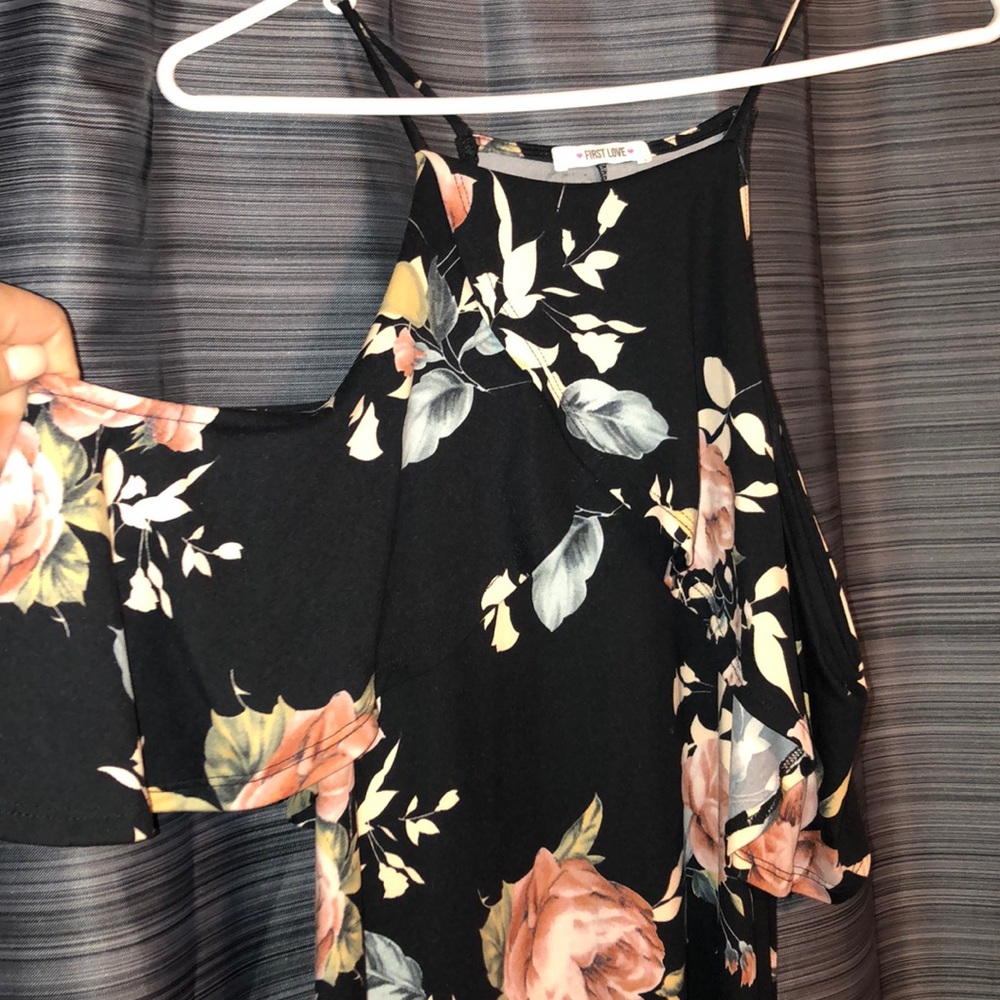 Black floral print off the shoulder dress